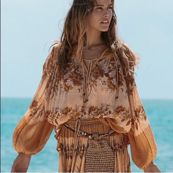 Spell Tops - NWT Spell & the Gypsy Coco Lei Embroidered Back Blouse Caramel